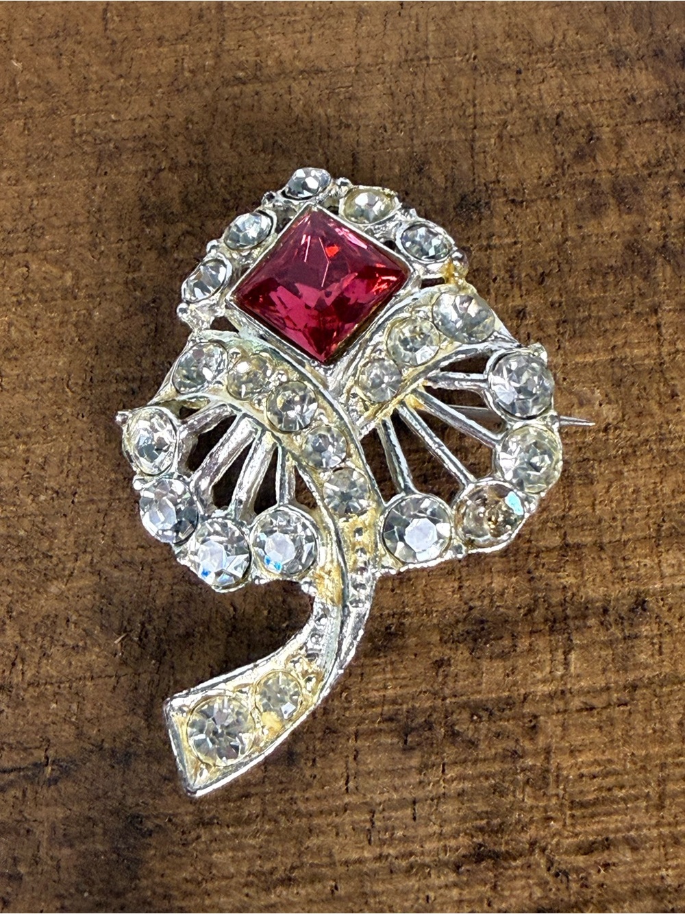 Crystal and Red Square Vintage Brooch - Women Jewelry FLAW